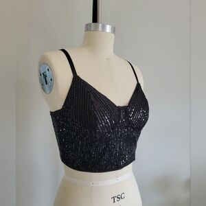 Black sequin boustier style cropped top with adjustable straps